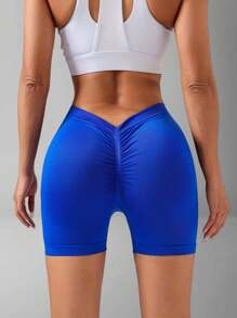 1pc Solid Color Casual Sports Shorts, Elegant Knitted Fabric Yoga Shorts, Sexy Slim Fit Design With Rear V-Waist, Suitable For Spring & Summer