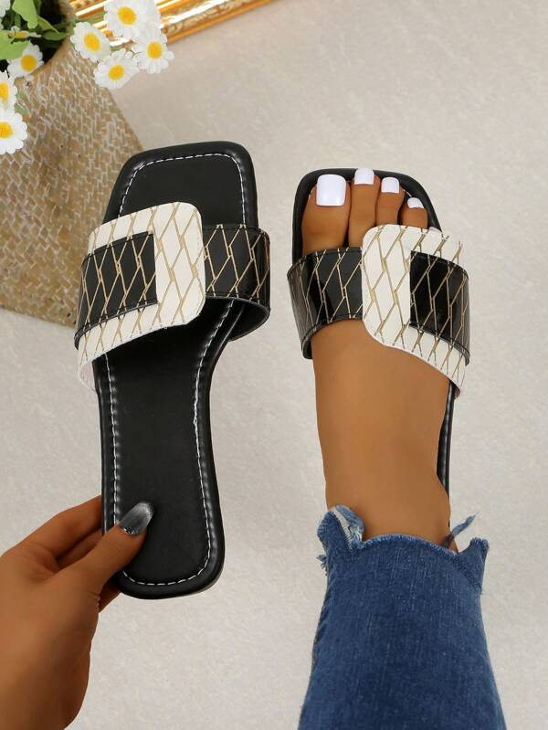 1 Pair Women Square Toe Flat Color Blocking Sandals, Fashion Ladies Shoes, Summer