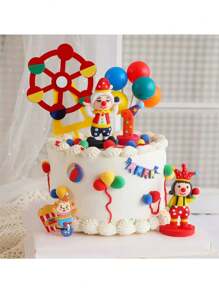 1/4/6pcs,Circus Theme Cake Topper Clown Jester Circus Animal Lion Elephant For 1st Happy Birthday Party Cake Decoration
