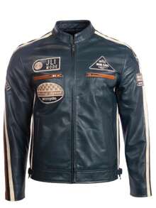 AVIATRIX Men's Real Leather Racing Biker Jacket CXUS - Navy Blue - View 1