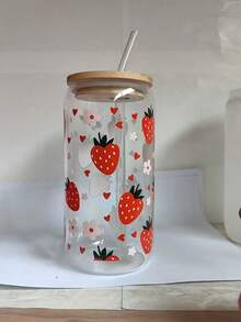 4pcs/1pc Strawberry Floral Print Glass Cup With Lid & Straw, 16oz Jar Shaped Water Tumbler, Iced Coffee Cup, Suitable For Tea, Juice, Milk, Birthday Gift, Drinkware, Reusable - Multicolor - View 14