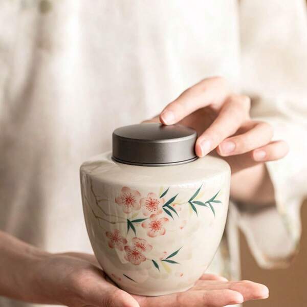 Hand Painted Peach Blossom Alloy Tea Storage Jar Ceramic Moisture Sealed Jar Tea Jar Boutique High End Large Capacity, Holiday Party Gift, Perfect Gift For Party Activities, Gift For Family, Friends, Sisters, Teachers.