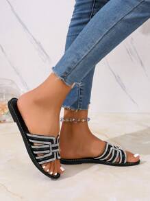 Korean Casual Flat Slip-On Sandals, Women's Summer Open Toe Slippers, Woven Roman Style, Fashionable For Beach, Apartment, Dress Outfit, Brown Color