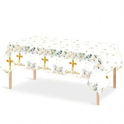 1 pieza Mantel desechable elegante con diseño de flores y cruces - Cubierta de mesa de plástico para fiestas de bautizo, primera comunión, confirmaciones, cumpleaños - Tema patriótico, vajilla