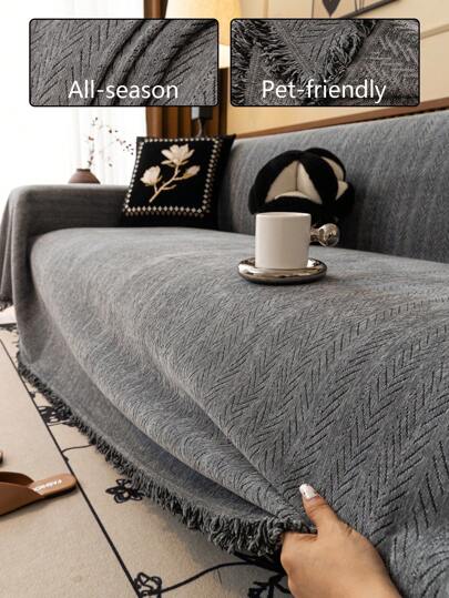 1pc High-Density Chenille Sofa Cover, Herringbone Solid Color Universal Sofa Blanket, Anti-Dust & Anti-Cat Scratching Sofa Throw
