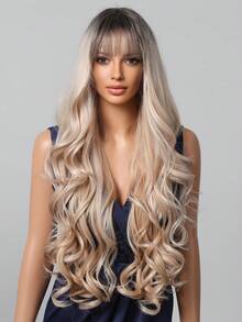 女士时尚渐变色长卷发假发 - 哑光饰面，高密度合成发丝，玫瑰网帽，适合女性日常聚会、圣诞节、婚礼 - 漸變金色 - 查看 3