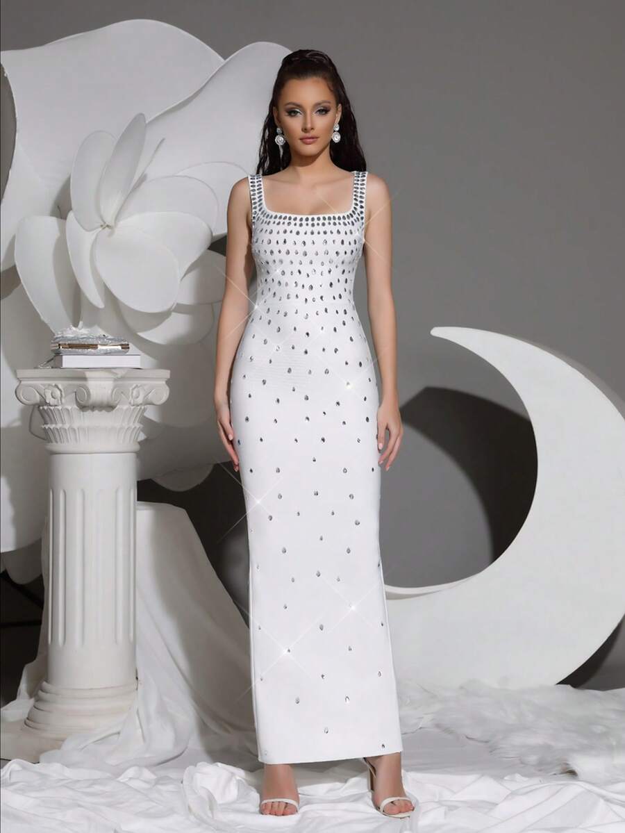 Modphy New Luxury Diamond Embellished Strapless Bandage Maxi Formal Gown, White Sexy Tight Party Dress Suitable For Wedding, Formal Occasion - White - View 1