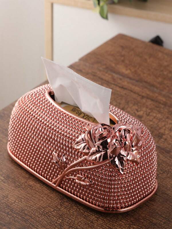 1 pieza Caja de pañuelos de plástico con relieve de rosa, color oro rosa, soporte decorativo de pañuelos para mesa de comedor, oficina, restaurante, hotel, adecuado para bodas, Día de San Valentín y talla grande