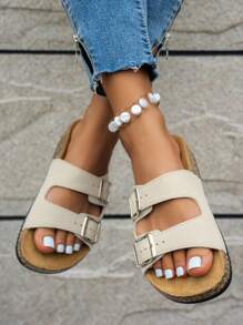 Sandalias de mujer de moda y cómodas - Diseño suave, ligero, de hebilla doble, plano, deslizante, transpirable, adecuado para playa de verano, vacaciones y uso diario