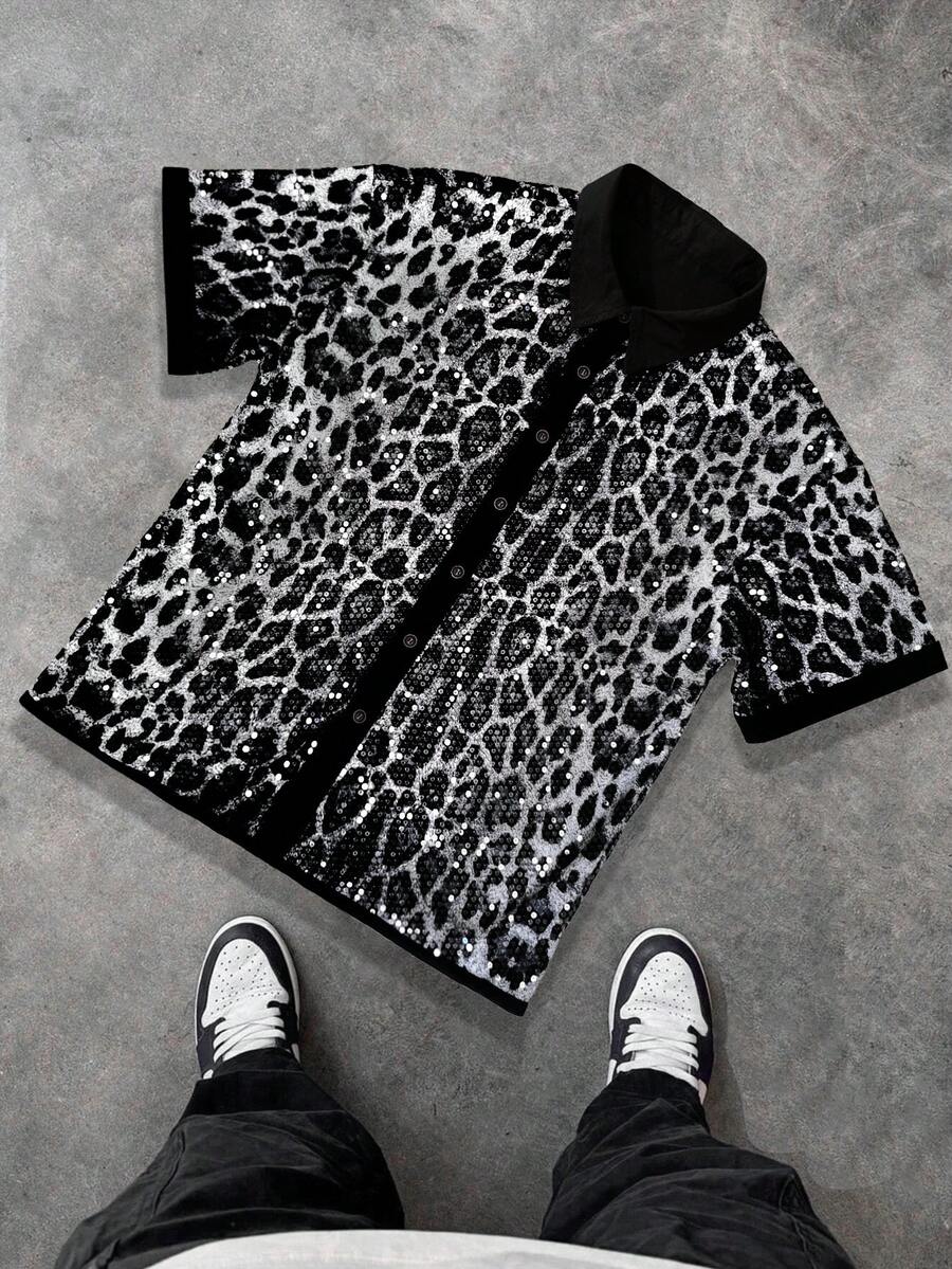 Camisa de lujo con único botonadura y decoración de lentejuelas brillantes para hombre - Negro - Ver 1