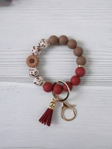 1 pieza Brazalete/Llavero/Colgante de bolso con estilo bohemio, con cuentas de silicona de vaca con estampado de vaca y borla, regalo para amigos, accesorios de coche, encanto de bolso, mochila para la escuela, gótico lindo Y2k