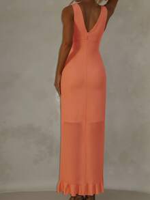 Damska 1 Flirty Orange Ruffle Hem Slit Maxi Dress z Głębokim Dekoltem w Serek, Elegancki Styl Wieczorowy, Idealna Na Kolację I Koktajle