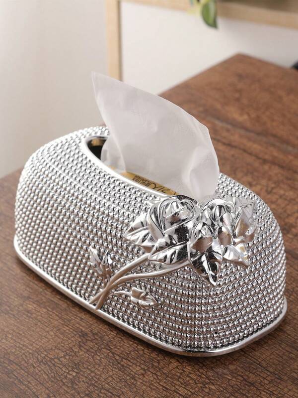 1 pieza Caja de pañuelos de plástico con relieve de rosa brillante y creativa, soporte decorativo de color plateado para pañuelos de papel para mesa de comedor, oficina, restaurante, hotel, salón, baño, boda, Día de San Valentín