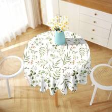 1pc Green Leaf Print Geometric Pattern Tablecloth, Modern Polyester Rectangular & Round Waterproof Tablecloth, Digital Printing Suitable For Living Room, Outdoor Dining, Small Round Table