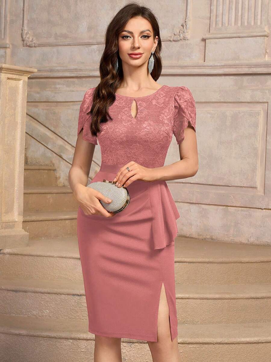 MIUSOL Keyhole Neckline Floral Lace Puff Sleeve Ruffle Trim Cocktail Party Bodycon Dress