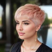Meat Pink Color Short Straight Pixie Bob Brazilian Remy Human Hair Wig For Women In Coral Pink Glueless Design Layered Pixie Human Hair Perfect For Cosplay.180% Density 4 Inch