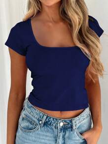 Vaiaye Thanksgiving Solid Color Knitted Square Neck Sexy Slim-Fit Y2K Crop Top With Waist Design, Suitable For Daily Casual Wear And New Year Outfits