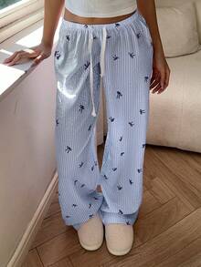 Casual Vacation Cute Sweet Ruffle Bow Striped Loose Low-Waist Straight Elastic Waist Drawstring Pants - Blue - View 6