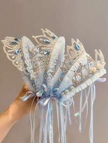 1件青少年冰雪发箍，甜美公主缎带面纱皇冠发饰 - 藍色 - 查看 8