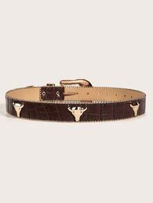 1pc Women's Brown & Gold 6pcs Ox Head Decor Embossed PU Leather 3pcs Buckle Combo Set For Jeans, Versatile Western Style Belt For Daily Wear Summer, School Fall, Autumn - Brown - View 3