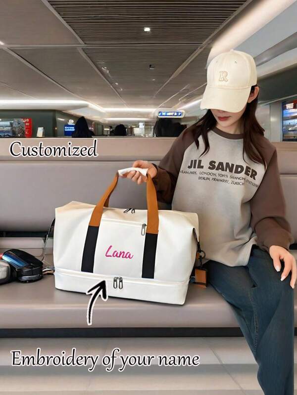 Personalized Embroidered Travel Tote Bag, Large Capacity Overnight Weekender Bag, Custom Name Yoga Swimming Sports Duffel Bag