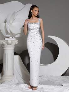 Modphy New Luxury Diamond Embellished Strapless Bandage Maxi Formal Gown, White Sexy Tight Party Dress Suitable For Wedding, Formal Occasion - White - View 3