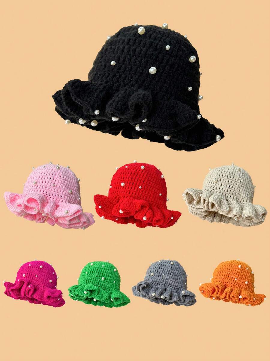 1pc Women's Y2K Style Handmade Crochet Ruffle Edge Knitted Hat With Pearl,Hollow Knit Bucket Hat, Suitable For Daily Wear, Photography, Party, Picnic, Outdoor - Pearl - View 1