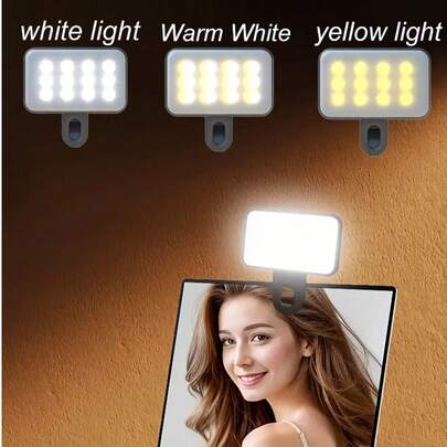 1pc USB Rechargeable LED Clip Light, 3 Lighting Modes, USB & Battery Dual Power, Compatible With IPhone 15/14/13/12/11 Pro Xs, A72/A71/A52/A51, For Phone, Camera Fill Light, Photo/Video Shooting, Zoom Meetings, Clip Design, Dimmable, Front & Back Clips