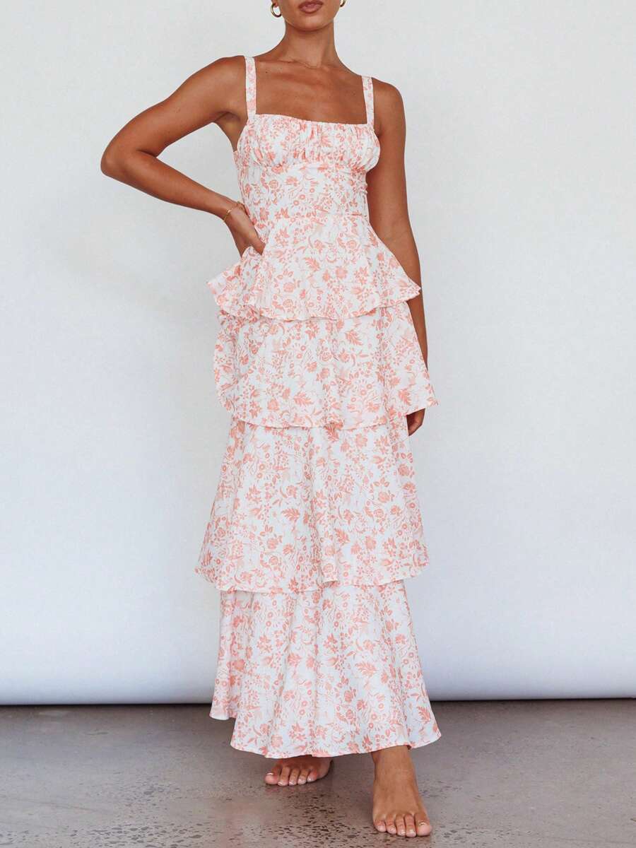 Women Summer Spaghetti Strap Tiered Ruffle Dress Casual Sleeveless Floral Layered Maxi Dress For Women Beach Sundress - 橘色 - 查看 1