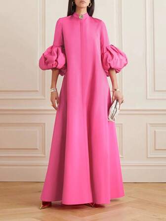 New Spring, Summer And Autumn Elegant French Whitening Oversized Lantern Sleeves Mid-Length Metal Flower Button Decorated Small Stand-Up Collar Dress, Casual Fashion, Versatile Retro, Elegant And Slim, Fall Clothes For Women , Fall Women Clothes ,Fall Dresses For Women ,Design Skirt