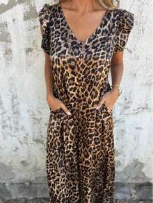 Elegant Leopard Print Small V-Neck Pleated Pocket Back-Revealing Dress - Multicolor - View 3