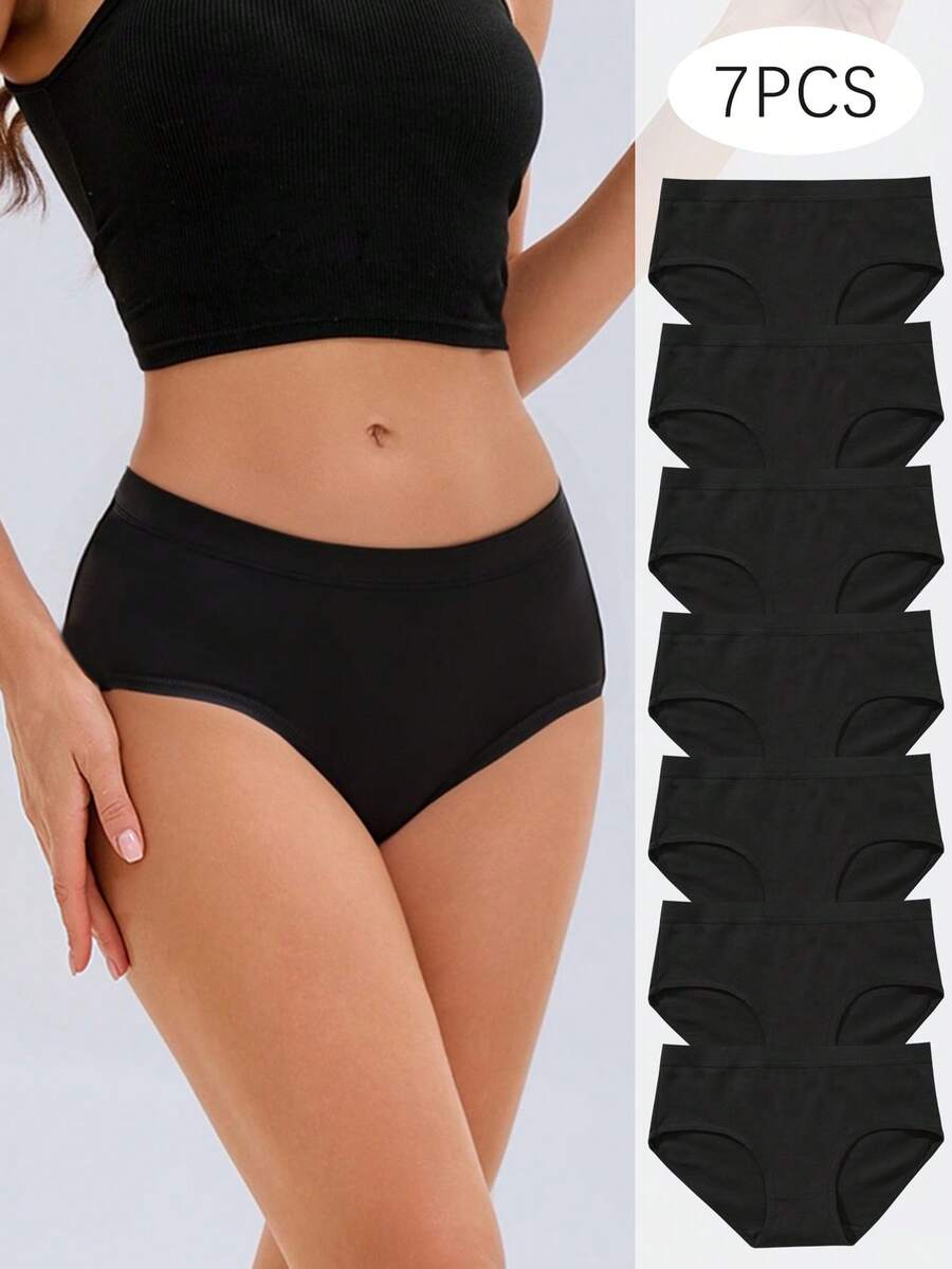 7Pcs/Set Women's Cotton Underwear Panties Low-Rise Soft Comfortable Breathable Ladies Briefs Lingerie - 黑色 - 查看 1