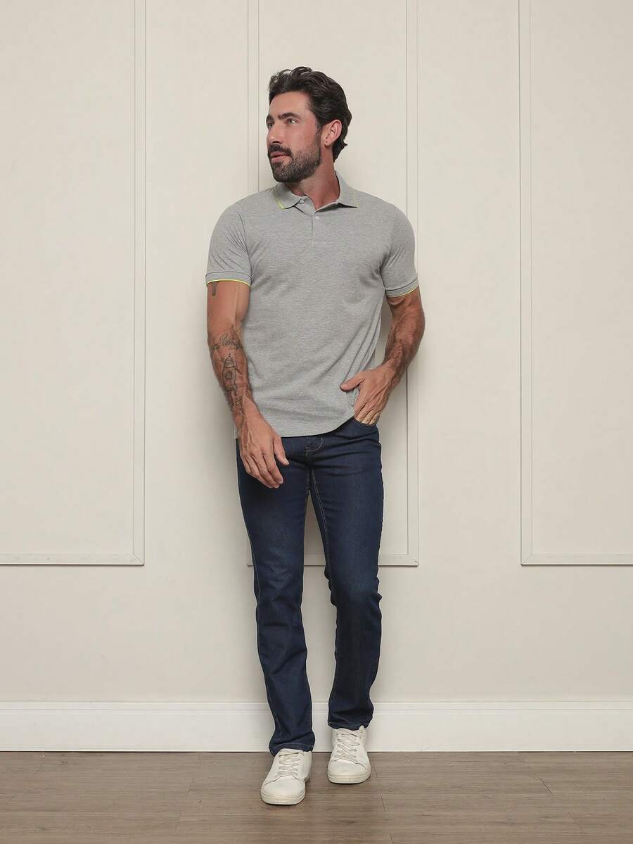 Camisa Polo Masculina Sky Surf Manga Curta Lisa Gola com Botão Camiseta Cinza