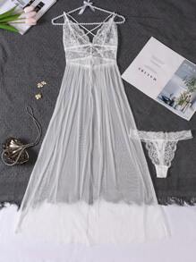 Set 2 buc. lenjerie intimă de mireasă din dantelă, plasă, transparentă, sexy, cu spate încrucișat, rochie lungă și tanga, pijamale, Rave