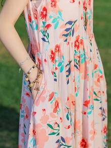 1 件女士休闲印花时尚优雅中长连衣裙，夏季 - 粉色 - 查看 10