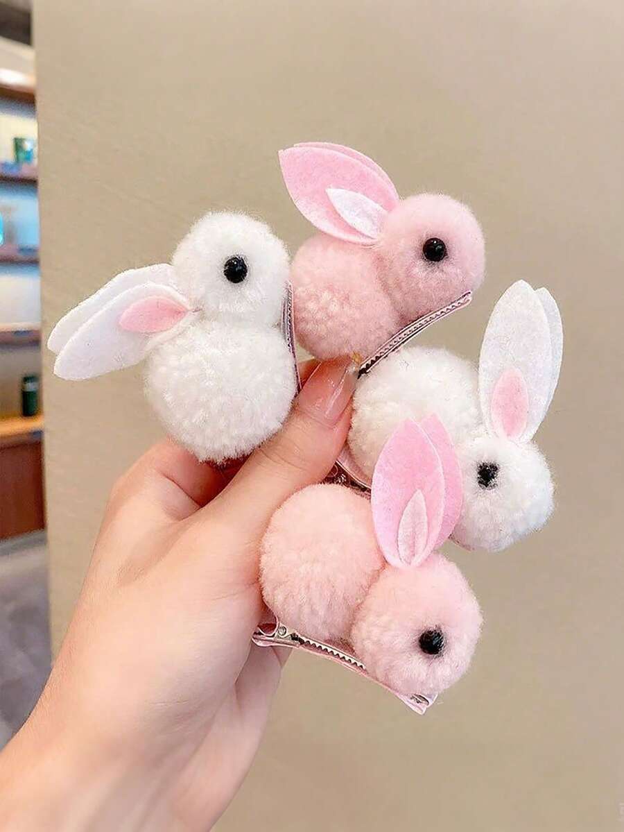 4pcs Cute 3D Cartoon Rabbit Hair Clips, Fluffy & Non-Damaging Side Bangs Clips For Women, Suitable For Daily Accessories And Holiday/Photo Shoot