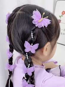 2 件女孩手工蝴蝶珍珠串珠链发夹，公主仙女头带发饰 - 彩色 - 查看 8