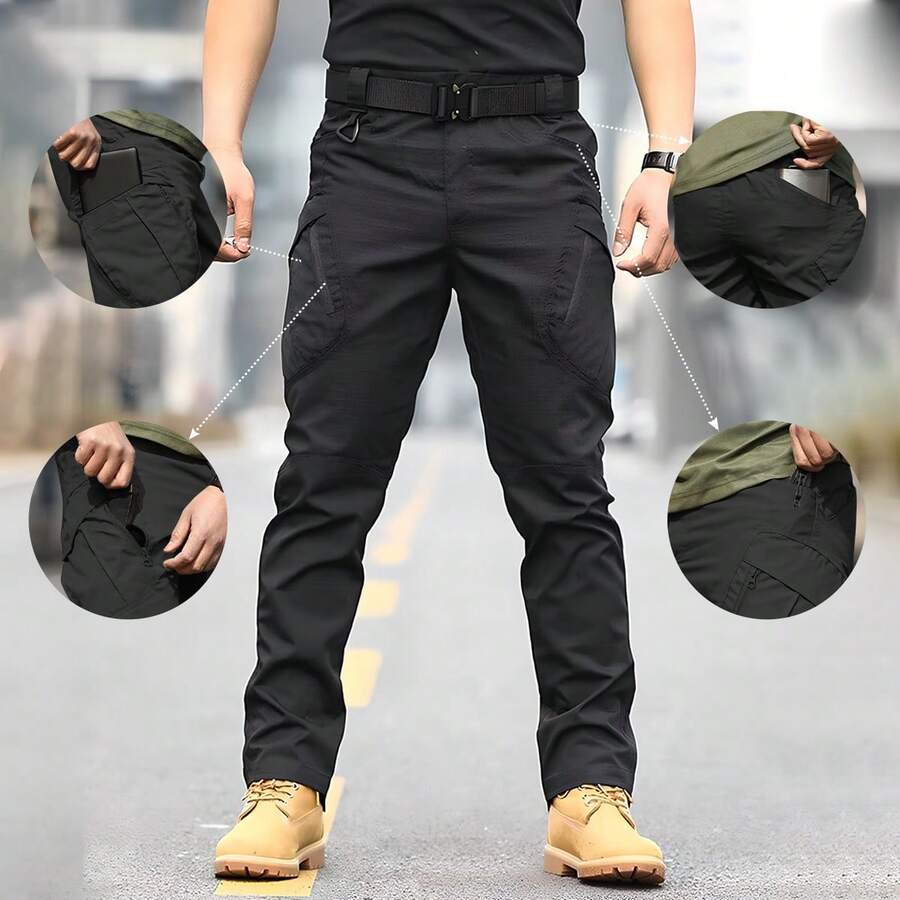 Pantalones Tácticos IX9 Hombre - Cintura Ajustable Elástico Impermeable, Verano 2025 - Transpirable Ultraligero, 12h Secado Rápido para Climas Cálidos, Multibolsillos para Camping o Urbanismo (Negro/Khaki) - Negro - Ver 1