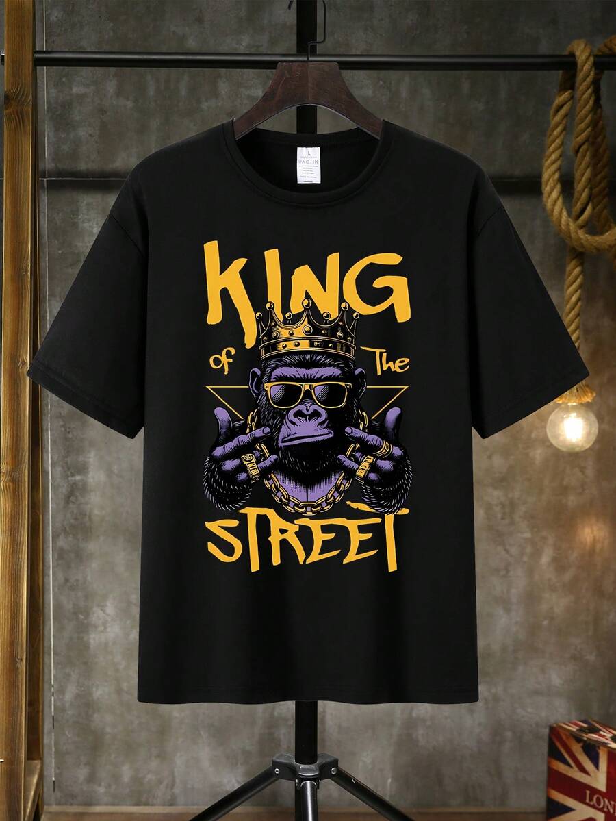 男士时尚街头服饰金刚图案T恤 - 黑色 - 查看 1