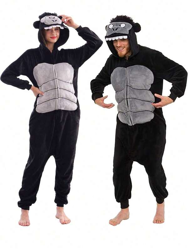 1pc Animal Themed Sleepwear Warm Costume, Plush Hooded Jumpsuit Suitable For Men & Women, Party Outfit, Couple Gift, Plus Size Available (Choose Appropriate Size Based On Height)
