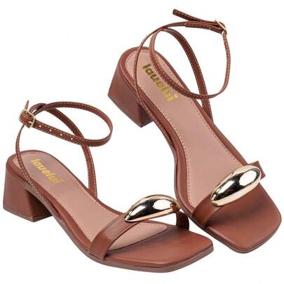 Sandália Feminina Salto Bloco Confortável Enfeite Metalizado