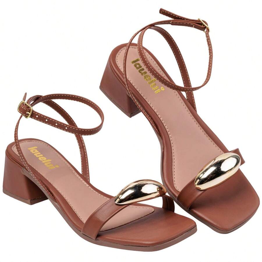Women's Comfortable Block Heel Sandal With Metallic Embellishment - 駝色 - 查看 1