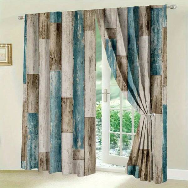 1Set/2pcs Nordic Style Minimalist Wooden Board Pattern Door Curtains ,Polyester 100%Material Semi-Shading