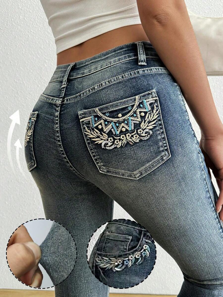 Blugi vintage 3/4 cu broderie elastică și mărgele, minimalisti și la modă, personalizați, esențiali pentru ieșiri, acasă și vacanță. - Albastru deschis - Vizualizare 1