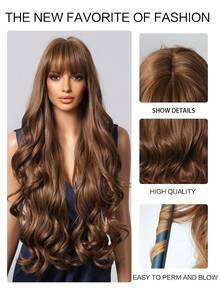 女士时尚棕色长卷发假发 - 哑光饰面，高密度合成发丝，玫瑰网帽，适合女性日常聚会、圣诞节、婚礼