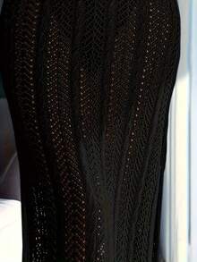 Fashion Tropical Holiday Style Hanging Neck Deep V Hollow Penetration Sexy Knitted Beach Smock Dress Long Dress - 黑色 - 查看 4