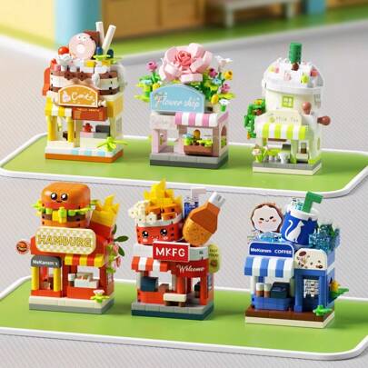 Nou Sosiri Mini City Street View Seturi de blocuri de construcție Magazin de vis Blocuri de construcție cu microparticule mici Jucării din plastic, Jucării de construcție pentru arhitectură, Jucării educaționale, Cafenea/Burgerie/Florărie/Magazin de băuturi/Magazin de deserturi,Cadouri/Decorări de aniversare