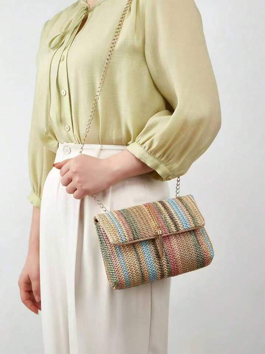 1 件彩色对比针织面料磁扣设计波西米亚风格小众奢华女士单肩包，时尚金属链斜挎包 - 彩色 - 查看 1