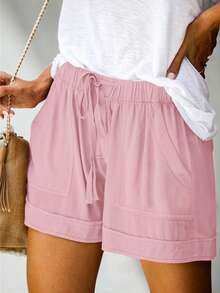 Plus Size Women's Solid Color Casual Pocket Shorts Pink Summer - Pink - View 1