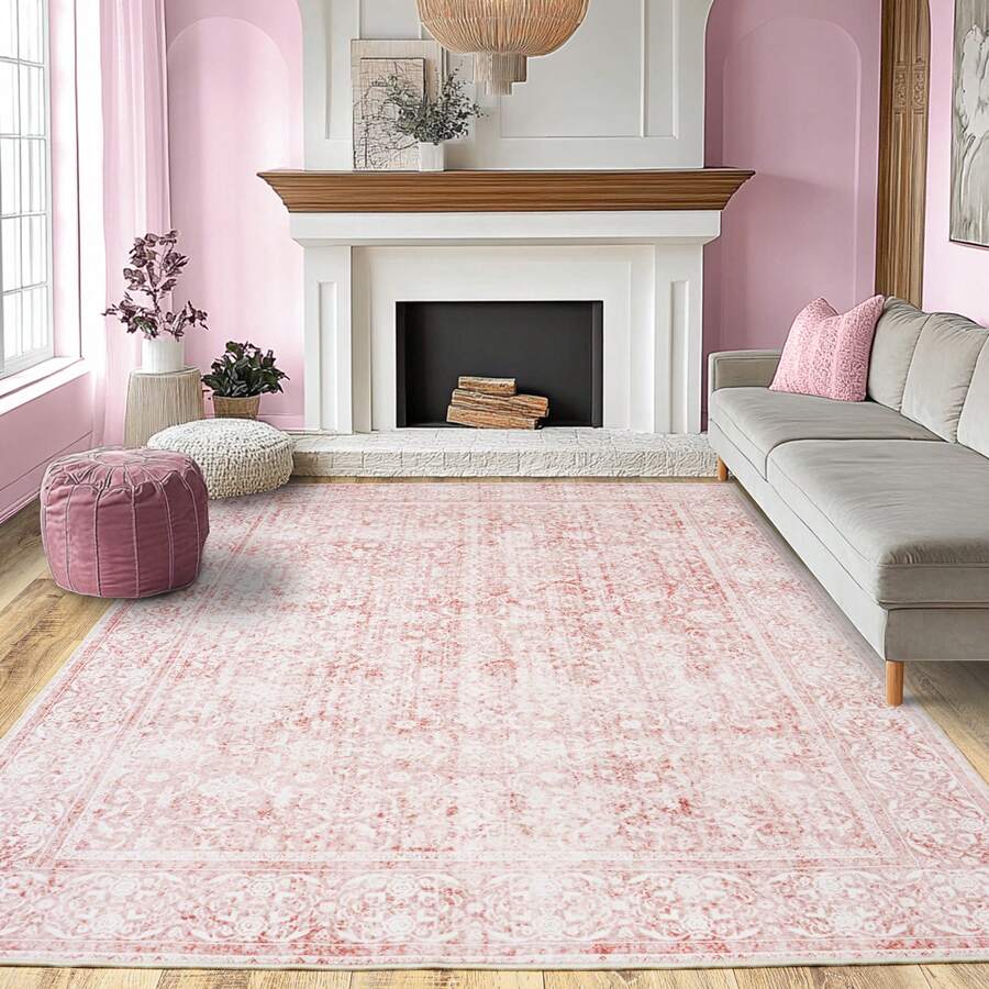 Alfombra de pelo corto, 140*200 cm, vintage, fiori, rosa chiaro, lavabile, alafombra antideslizante, estilo rustico, para dormitorio, cucina, comedor al aire libre, alfombra muy suave - Rosa - Visualizzare 1